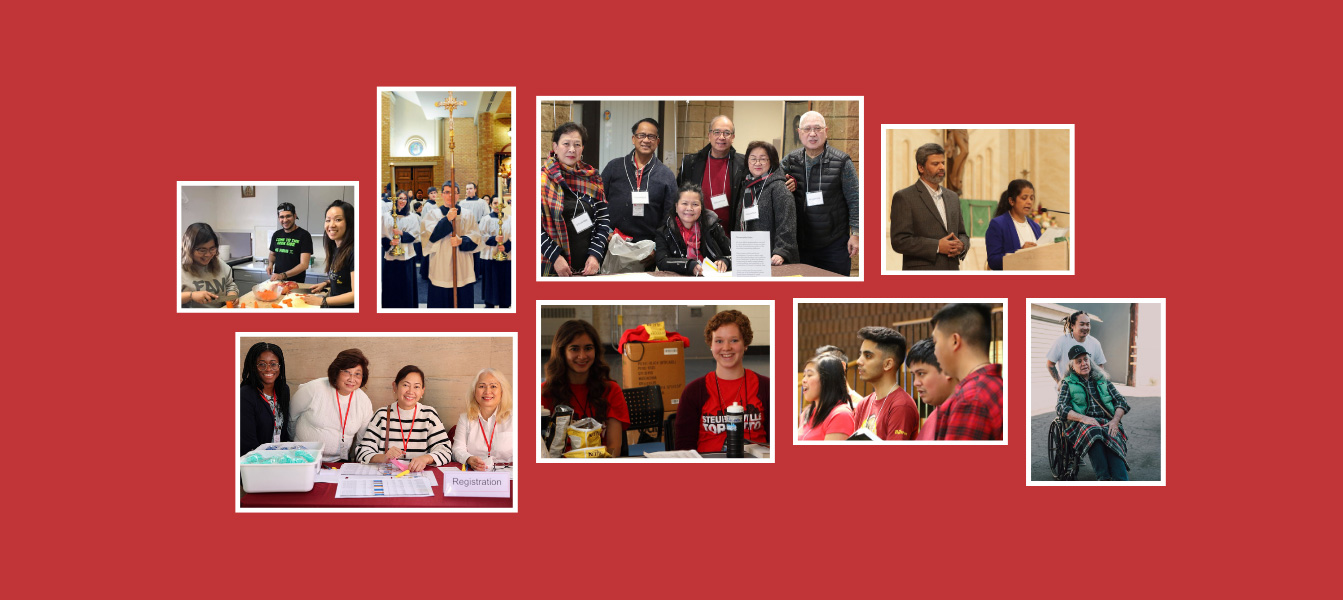 Collage of volunteer photos on red background